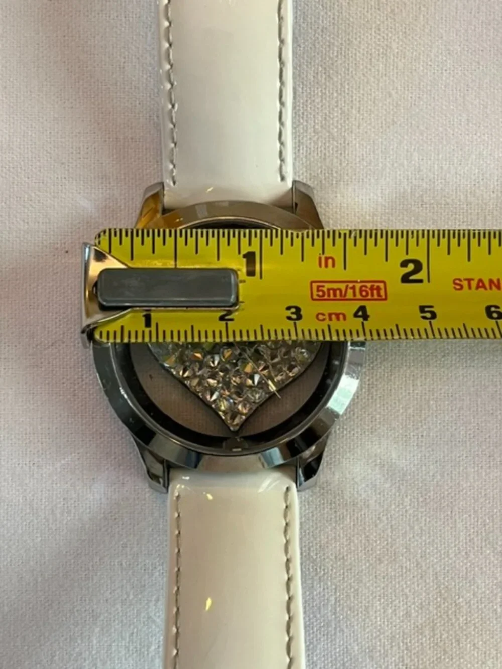GUESS | Clearly Heart Silver-tone White Patent Leather Band-NEW Battery